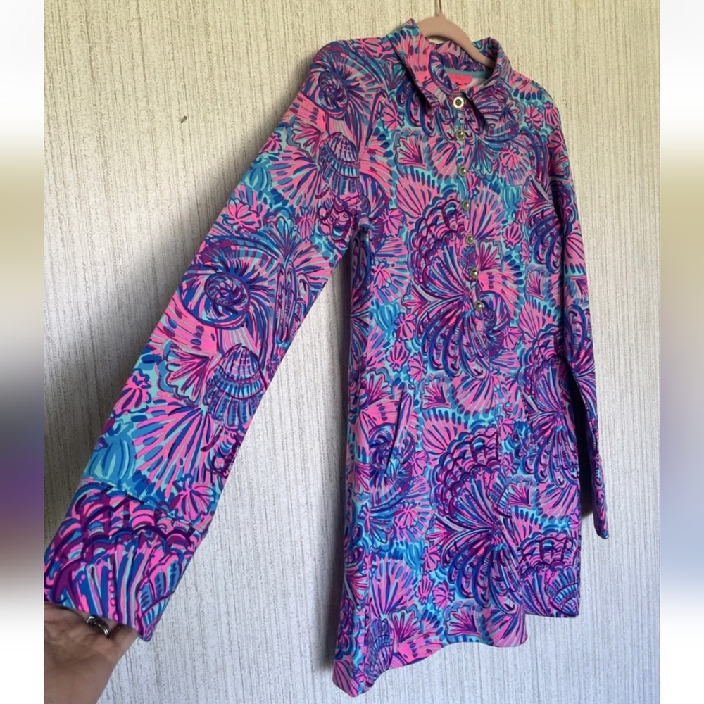 Lilly Pulitzer Medium Ports Dress In Turquoise Oasis Shelleidoscope Long Sleeves - Picture 9 of 11